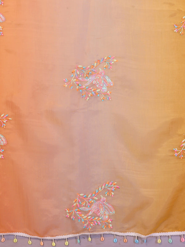 Orange Yellow Gold Crush Embroidered Designer Saree
