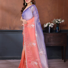 Peach Lavender Gold Crush Embroidered Designer Saree
