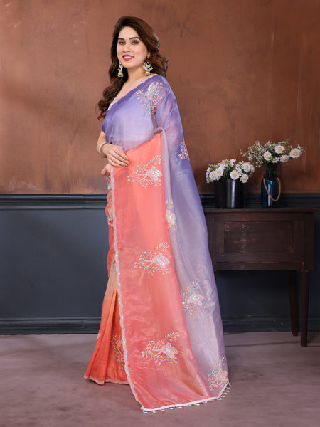 Peach Lavender Gold Crush Embroidered Designer Saree