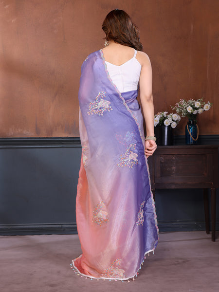 Peach Lavender Gold Crush Embroidered Designer Saree