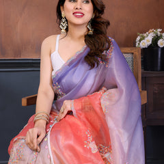 Peach Lavender Gold Crush Embroidered Designer Saree