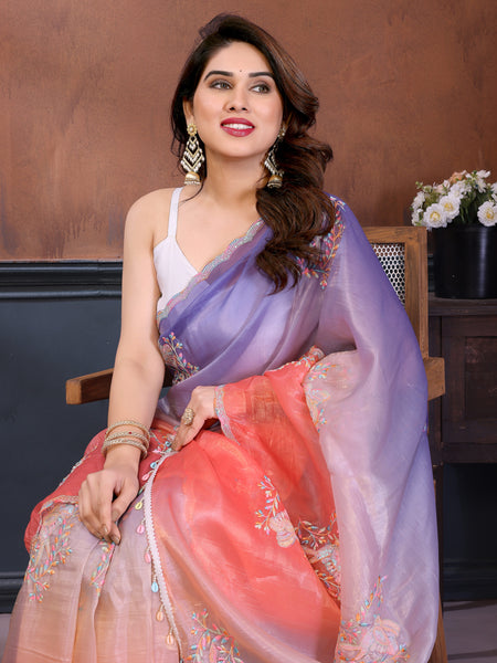 Peach Lavender Gold Crush Embroidered Designer Saree