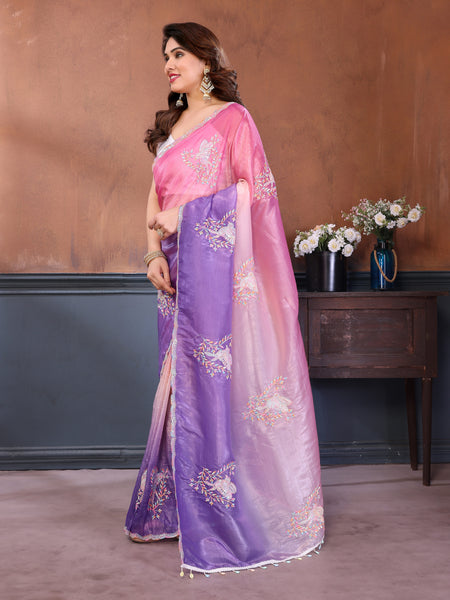 Pink Lavender Gold Crush Embroidered Designer Saree