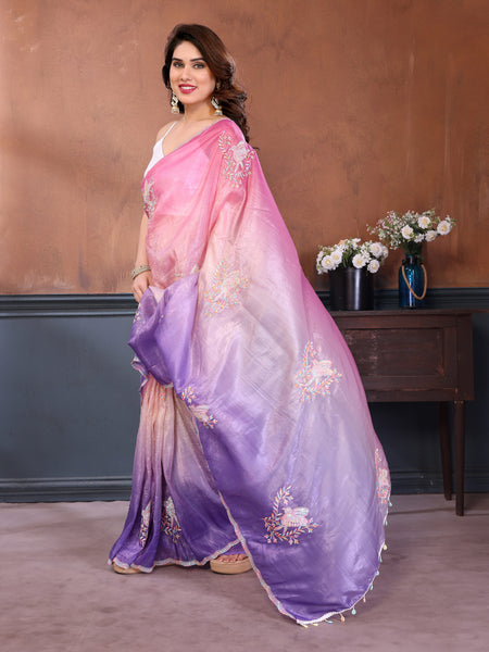 Pink Lavender Gold Crush Embroidered Designer Saree