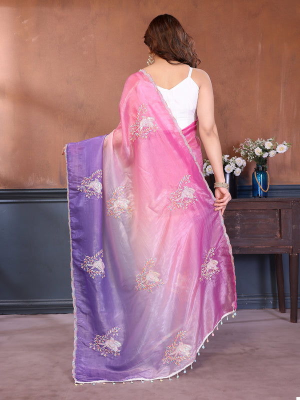 Pink Lavender Gold Crush Embroidered Designer Saree