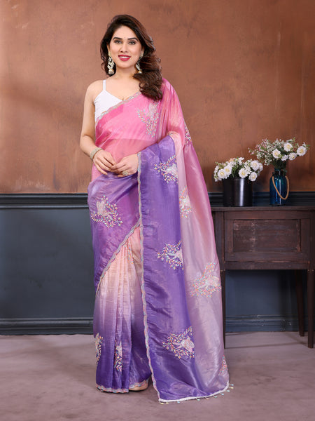 Pink Lavender Gold Crush Embroidered Designer Saree