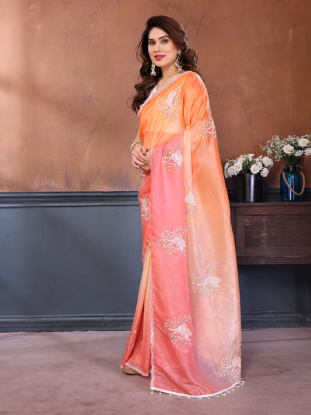 Pink Orange Gold Crush Embroidered Designer Saree