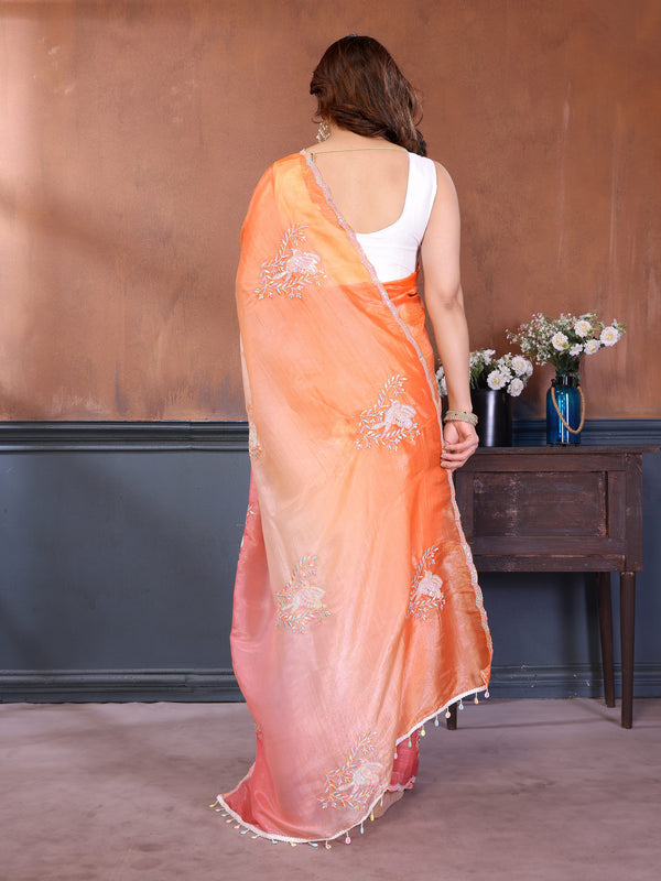 Pink Orange Gold Crush Embroidered Designer Saree
