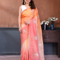 Pink Orange Gold Crush Embroidered Designer Saree