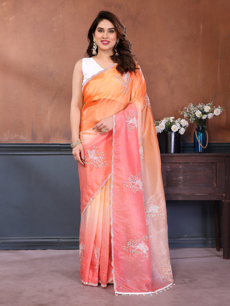 Pink Orange Gold Crush Embroidered Designer Saree