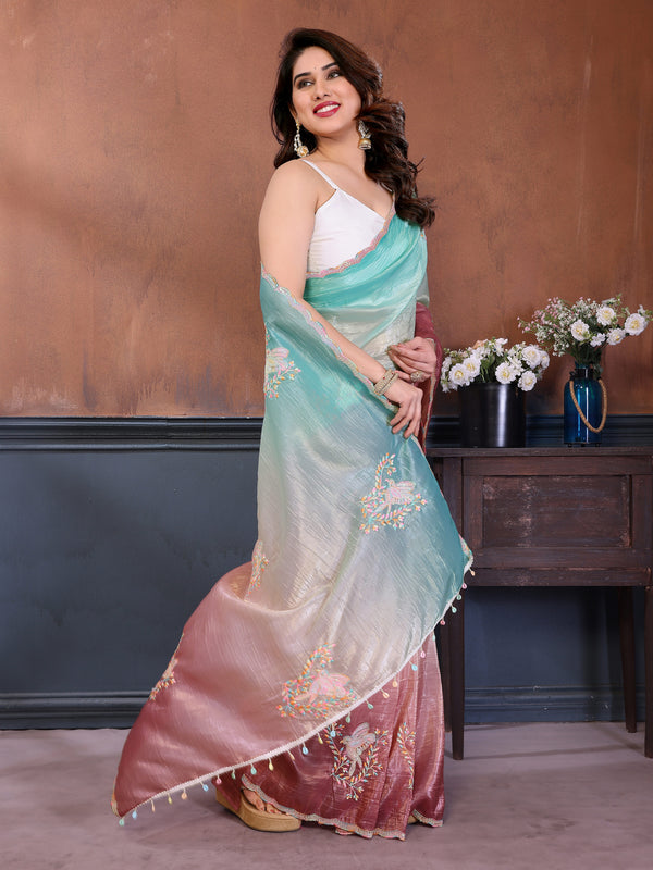 Rama Gold Crush Embroidered Designer Saree
