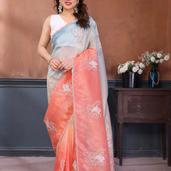 Rama Peach Gold Crush Embroidered Designer Saree