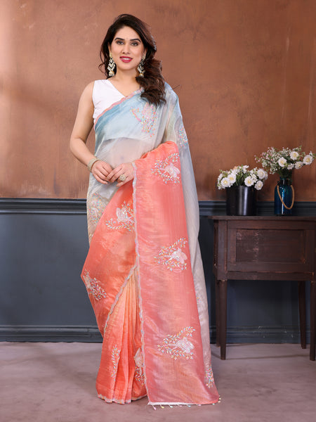 Rama Peach Gold Crush Embroidered Designer Saree