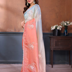 Rama Peach Gold Crush Embroidered Designer Saree