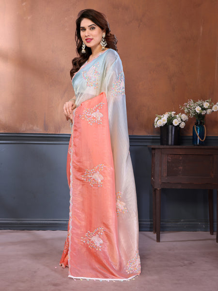 Rama Peach Gold Crush Embroidered Designer Saree