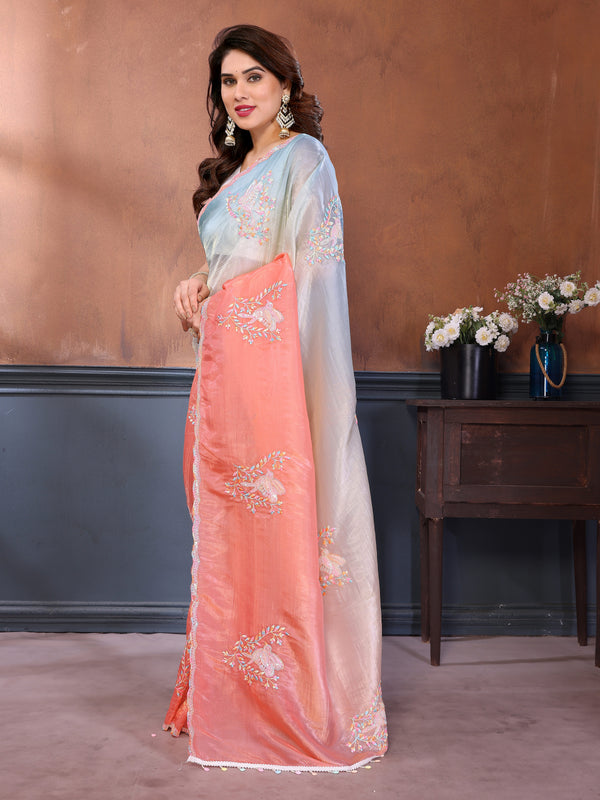 Rama Peach Gold Crush Embroidered Designer Saree