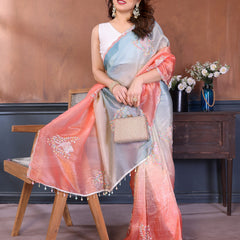 Rama Peach Gold Crush Embroidered Designer Saree