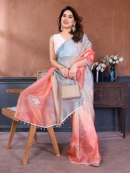 Rama Peach Gold Crush Embroidered Designer Saree