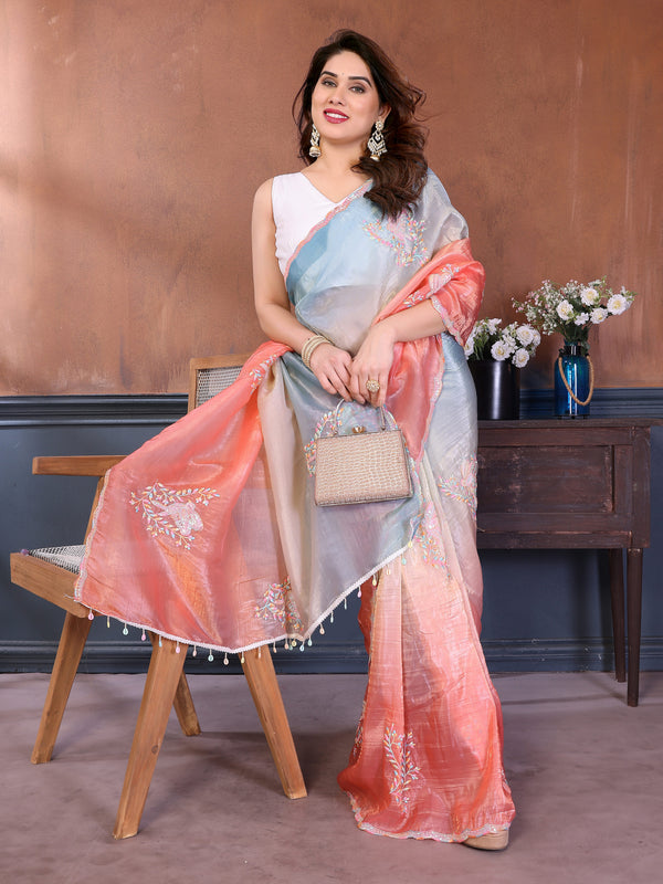 Rama Peach Gold Crush Embroidered Designer Saree