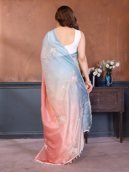 Rama Peach Gold Crush Embroidered Designer Saree