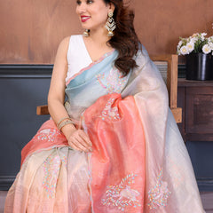 Rama Peach Gold Crush Embroidered Designer Saree