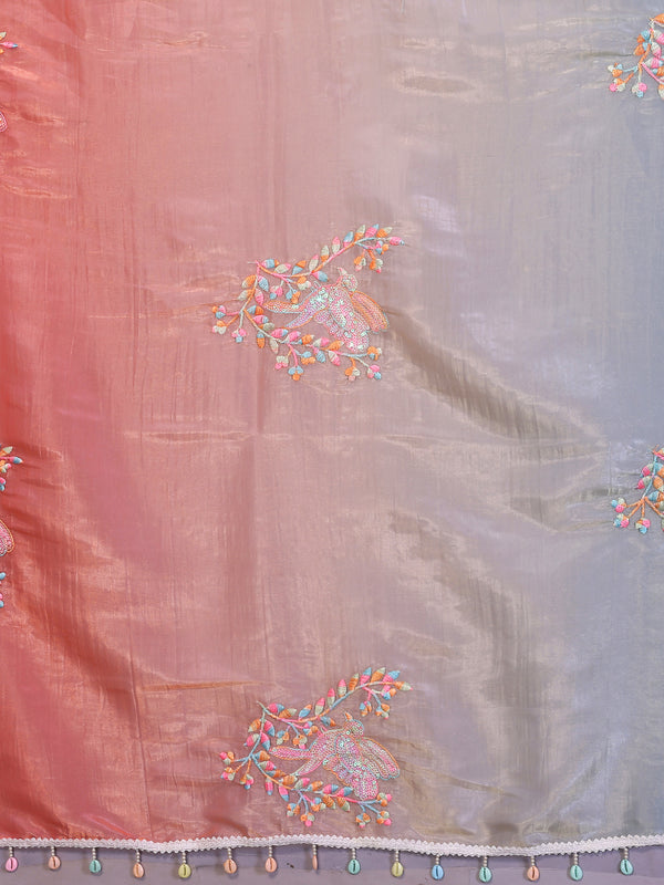 Rama Peach Gold Crush Embroidered Designer Saree