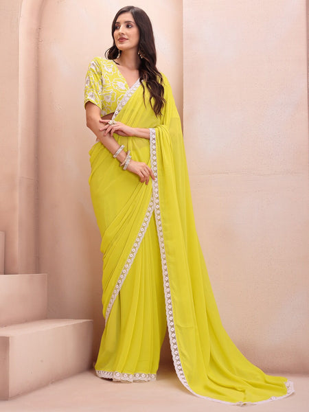 Lemon Georgette Embroidered Designer Saree