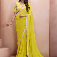 Lemon Georgette Embroidered Designer Saree