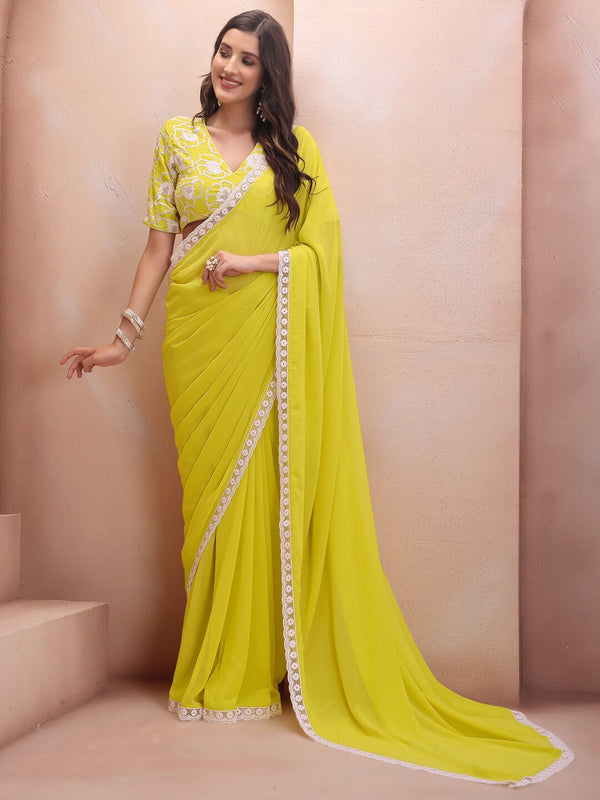 Lemon Georgette Embroidered Designer Saree