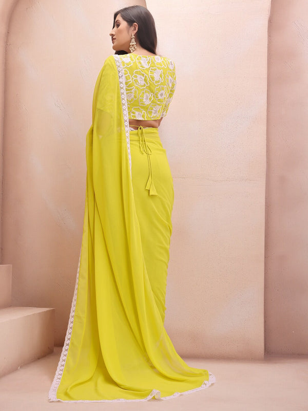Lemon Georgette Embroidered Designer Saree