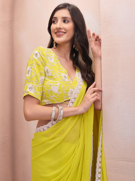 Lemon Georgette Embroidered Designer Saree