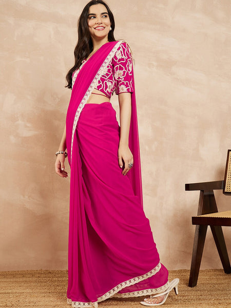 Pink Georgette Embroidered Designer Saree