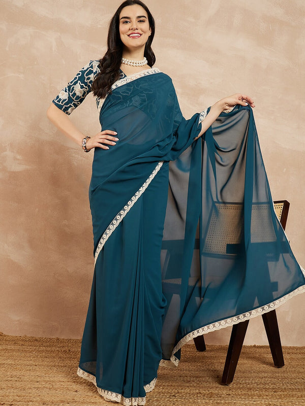 Rama Georgette Embroidered Designer Saree