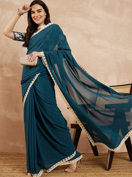 Rama Georgette Embroidered Designer Saree