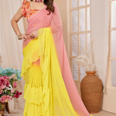 Pink Yellow Ruffle Georgette Saree