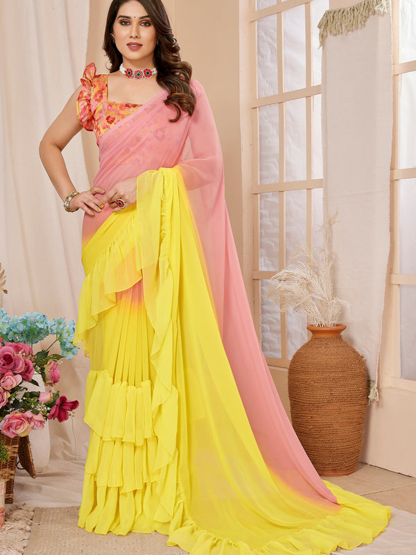 Pink Yellow Ruffle Georgette Saree