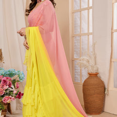 Pink Yellow Ruffle Georgette Saree