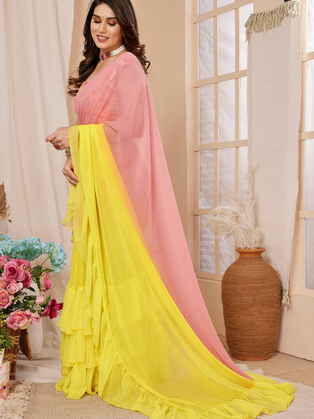 Pink Yellow Ruffle Georgette Saree