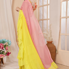 Pink Yellow Ruffle Georgette Saree