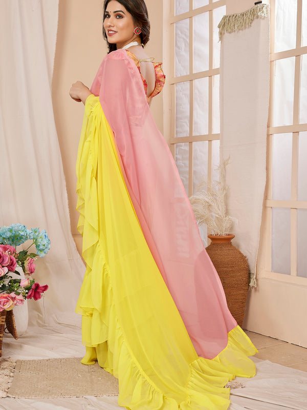 Pink Yellow Ruffle Georgette Saree