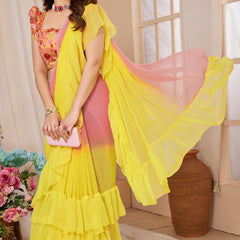 Pink Yellow Ruffle Georgette Saree