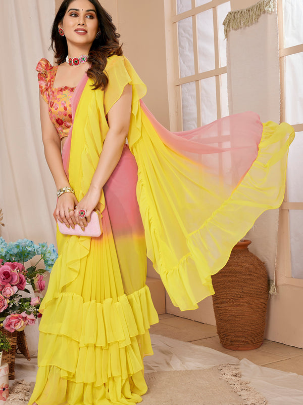 Pink Yellow Ruffle Georgette Saree