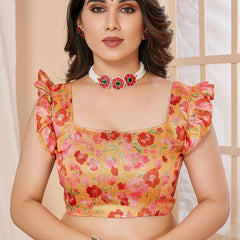 Pink Yellow Ruffle Georgette Saree