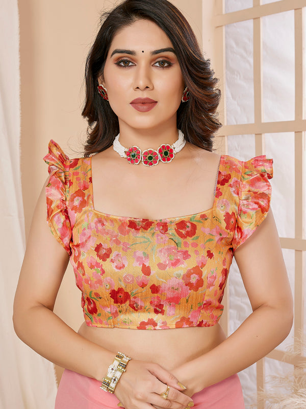 Pink Yellow Ruffle Georgette Saree
