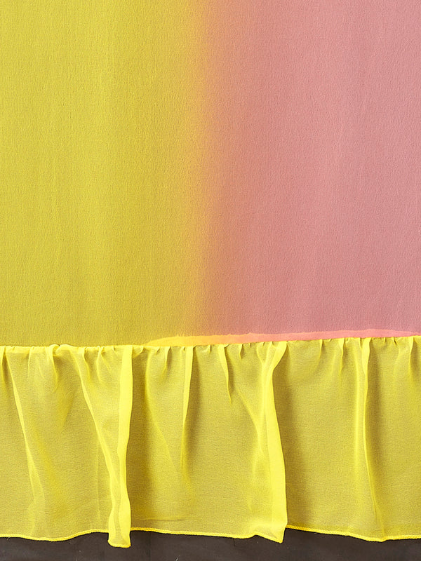 Pink Yellow Ruffle Georgette Saree