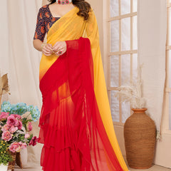 Red Orange Ruffle Georgette Saree