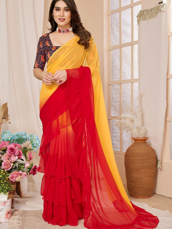 Red Orange Ruffle Georgette Saree