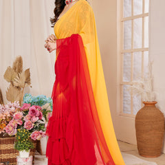 Red Orange Ruffle Georgette Saree