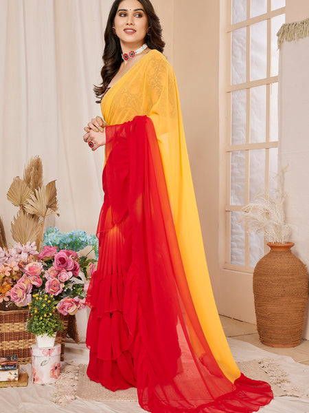 Red Orange Ruffle Georgette Saree