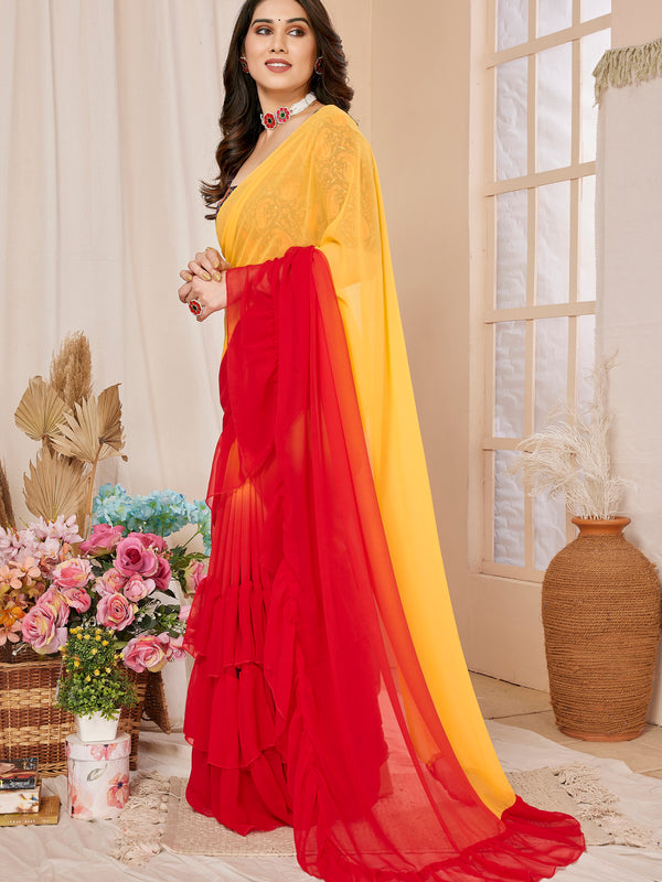 Red Orange Ruffle Georgette Saree